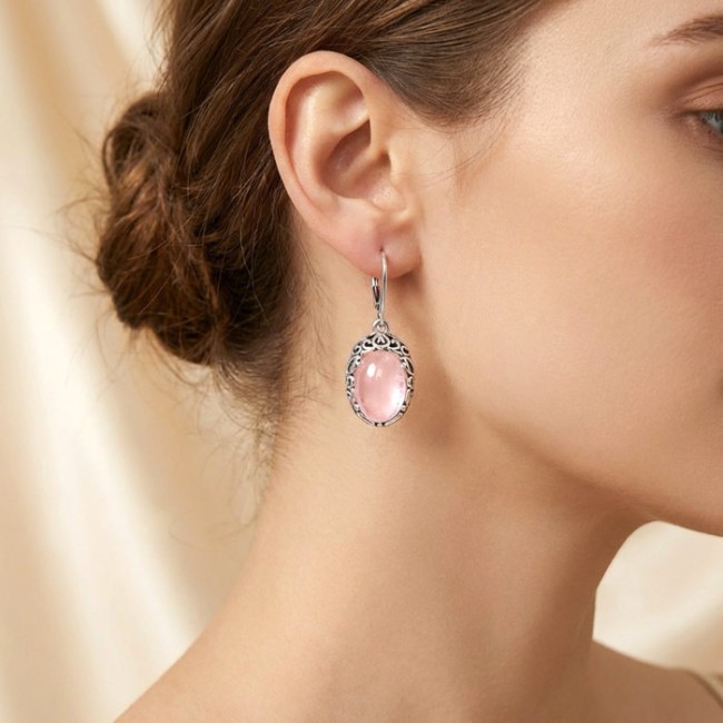 Eleganckie Srebrne Kolczyki z Naturalnym Kwarcem Różowym K 2166 – Wiszące Wisiory Polcarat Design|Polcaratdesign.pl Biżuteria