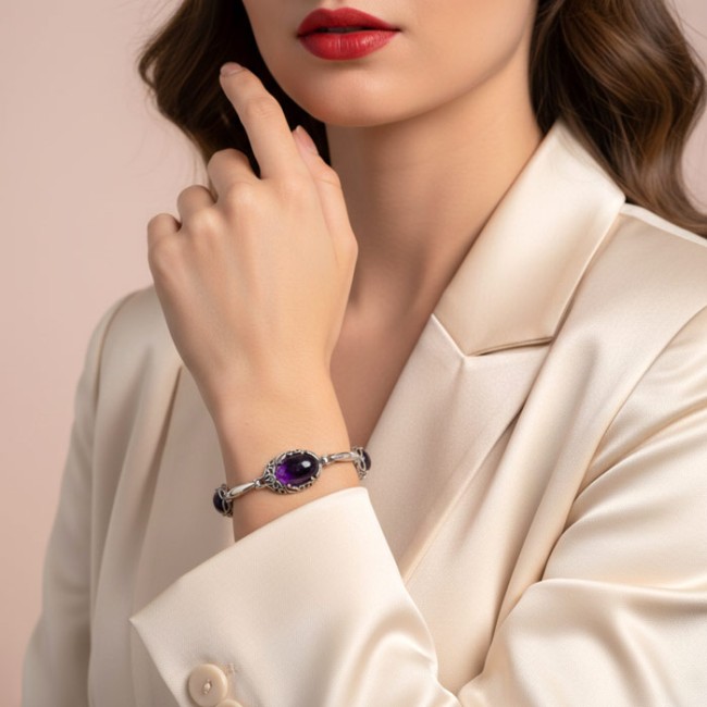 Elegancka Srebrna Bransoletka z Naturalnym Ametystem L 2166 | Królewski Blask i Równowaga|Polcaratdesign.pl Biżuteria