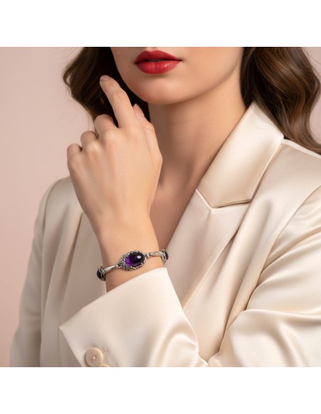Elegancka Srebrna Bransoletka z Naturalnym Ametystem L 2166 | Królewski Blask i Równowaga|Polcaratdesign.pl Biżuteria