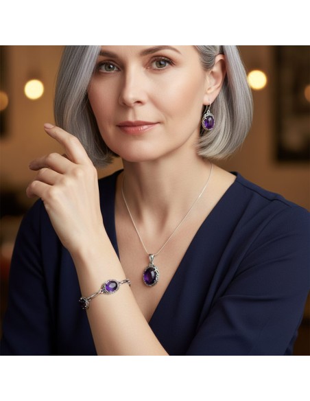Elegancka Srebrna Bransoletka z Naturalnym Ametystem L 2166 | Królewski Blask i Równowaga|Polcaratdesign.pl Biżuteria