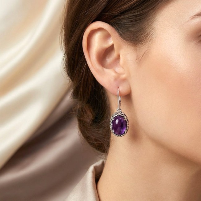 Eleganckie Srebrne Kolczyki z Naturalnym Ametystem K 2166 – Wiszące Wisiory w Królewskim Fiolecie|Polcaratdesign.pl Biżuteria