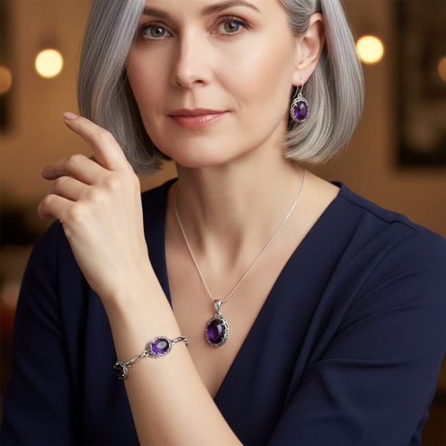 Eleganckie Srebrne Kolczyki z Naturalnym Ametystem K 2166 – Wiszące Wisiory w Królewskim Fiolecie|Polcaratdesign.pl Biżuteria
