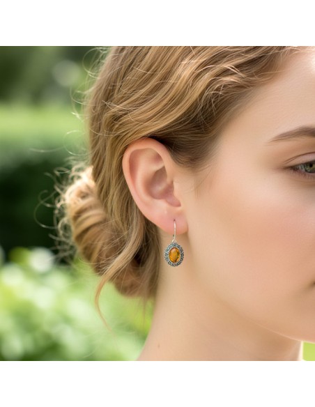 Sterling silver earrings with milky amber K 1740 | Polcarat Design
