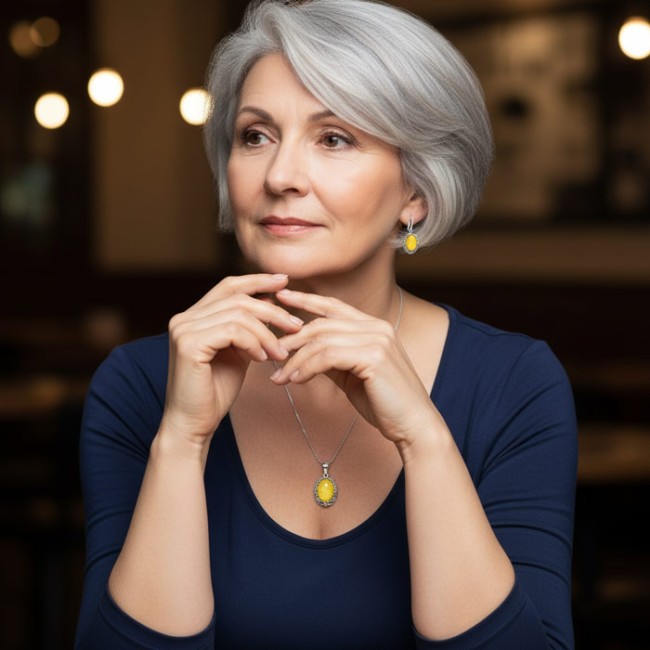 Srebrny komplet z mlecznym bursztynem 925 KPL 1978|Polcaratdesign.pl Biżuteria