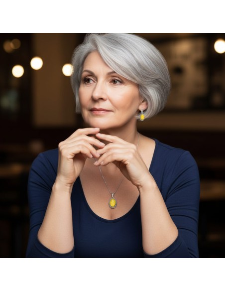 Srebrny komplet z mlecznym bursztynem 925 KPL 1978|Polcaratdesign.pl Biżuteria