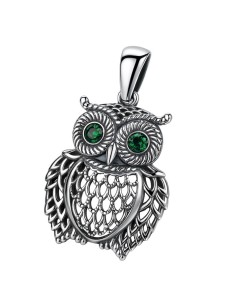 Sterling silver owl pendant with green eyes W 4110 | Polcarat Design