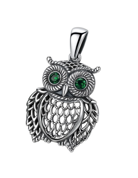 Sterling silver owl pendant with green eyes W 4110 | Polcarat Design