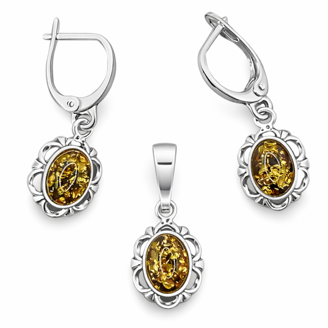 Silver set decorated with green amber KPL 722 Amber