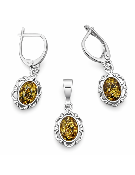 Silver set decorated with green amber KPL 722 Amber