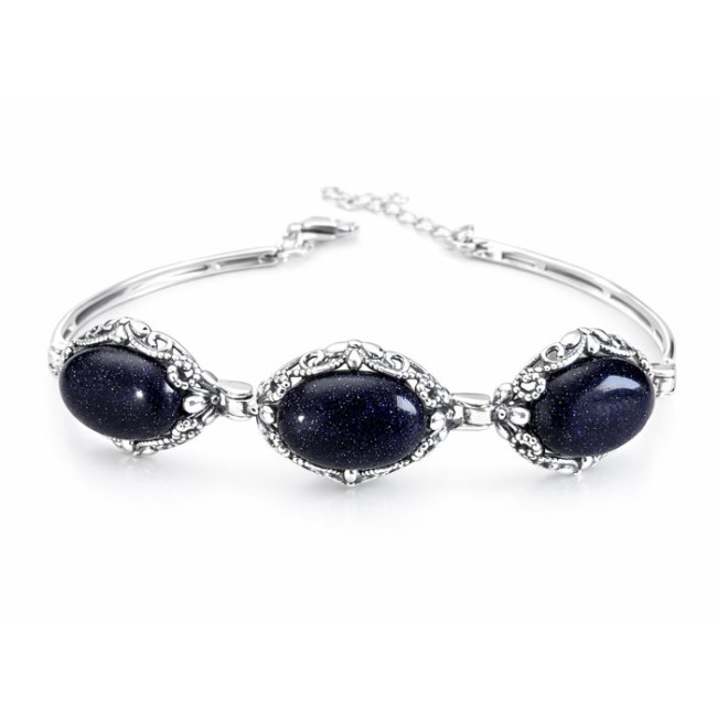 Oxidized openwork sterling silver bracelet with blue goldstone (Noc Kairu) L 2169