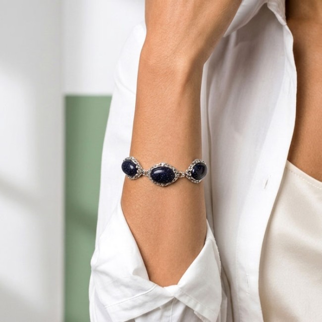 Oxidized openwork sterling silver bracelet with blue goldstone (Noc Kairu) L 2169