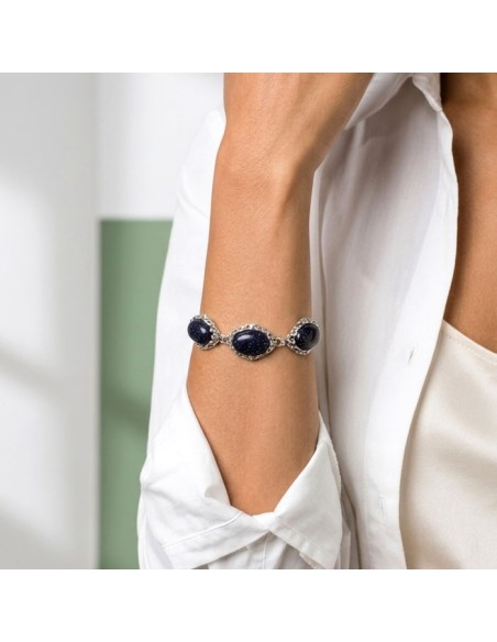 Oxidized openwork sterling silver bracelet with blue goldstone (Noc Kairu) L 2169