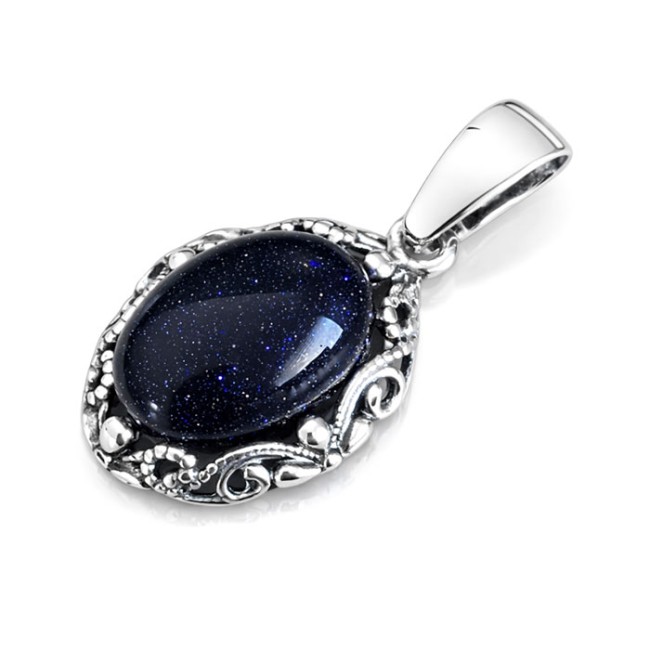 Oxidized openwork sterling silver pendant with blue goldstone (Noc Kairu) W 2169