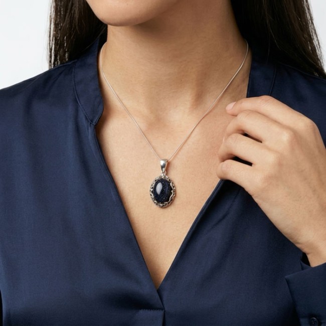 Oxidized openwork sterling silver pendant with blue goldstone (Noc Kairu) W 2169