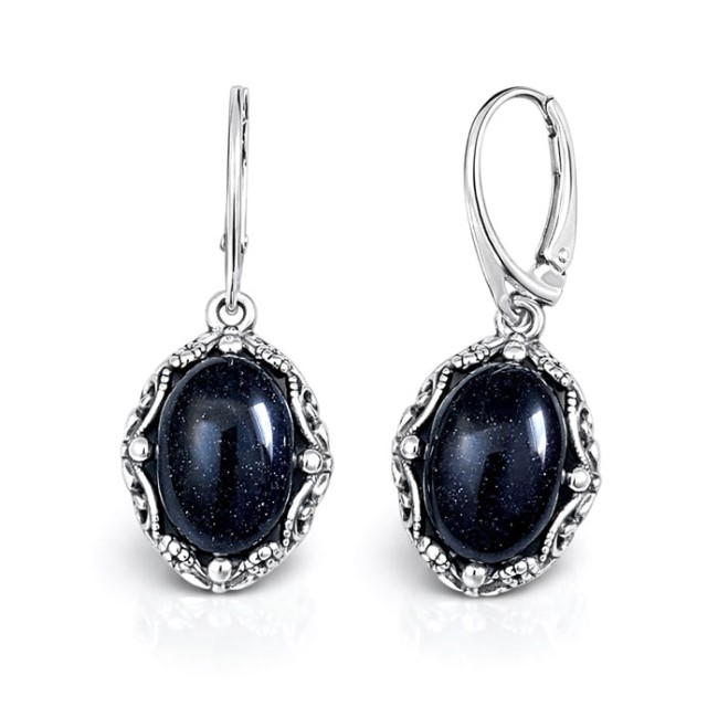 Oxidized sterling silver drop earrings with blue goldstone (Noc Kairu) K 2169