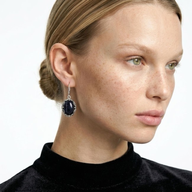 Oxidized sterling silver drop earrings with blue goldstone (Noc Kairu) K 2169
