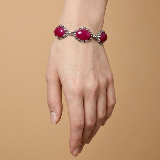 Bransoletka srebrna 925 agat fuksja – ażurowa, oksydowana, elegancka L 2169|Polcaratdesign.pl Biżuteria