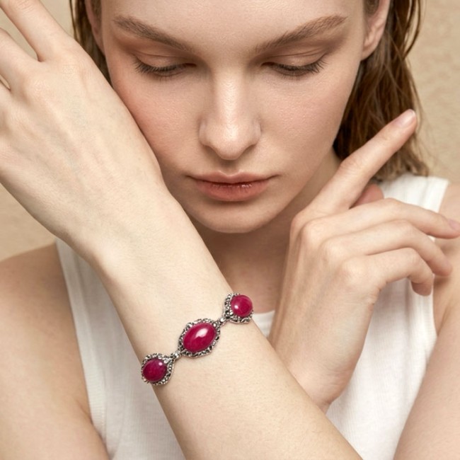 Bransoletka srebrna 925 agat fuksja – ażurowa, oksydowana, elegancka L 2169|Polcaratdesign.pl Biżuteria