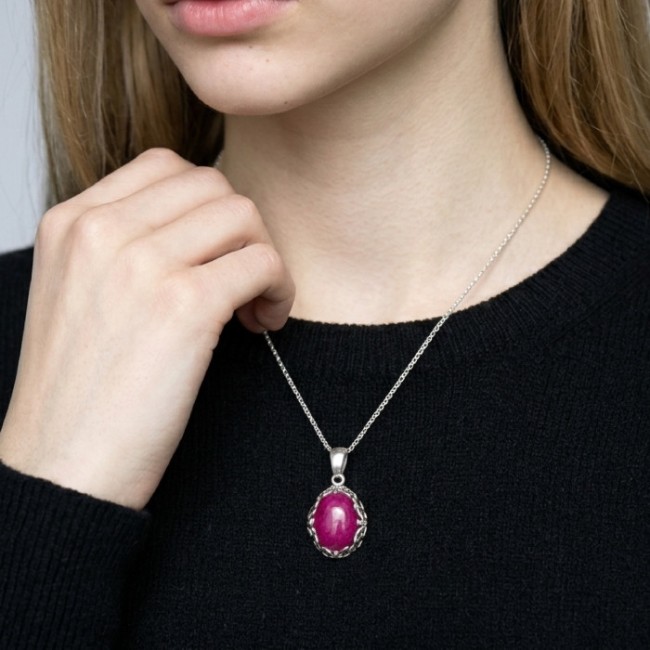 Oxidized openwork sterling silver pendant with fuchsia agate W 2169