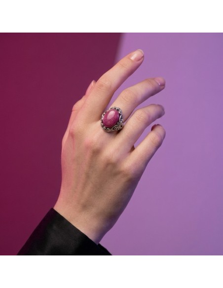Pierścionek srebrny 925 agat fuksja – ażurowy, oksydowany, elegancki PK 2169|Polcaratdesign.pl Biżuteria