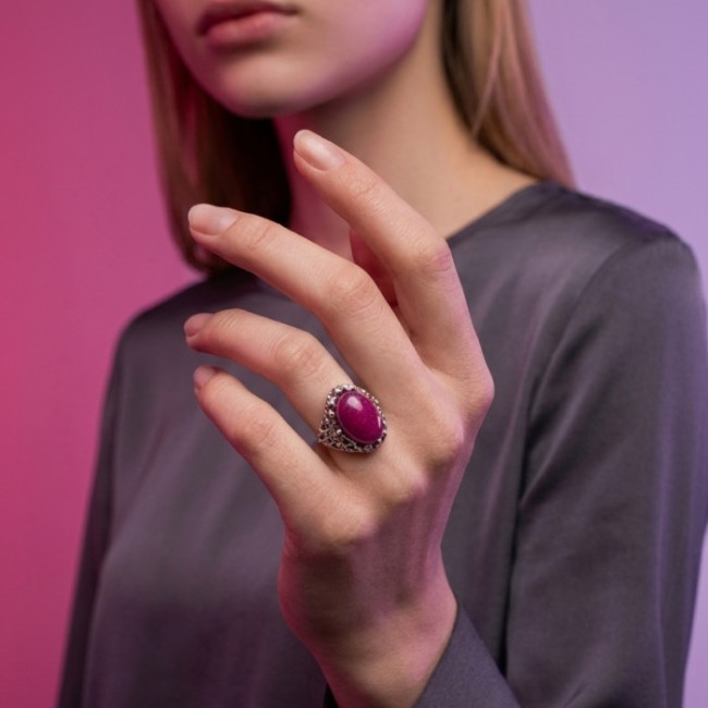 Oxidized openwork sterling silver ring with fuchsia agate PK 2169