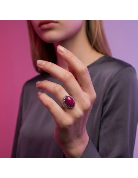 Pierścionek srebrny 925 agat fuksja – ażurowy, oksydowany, elegancki PK 2169|Polcaratdesign.pl Biżuteria