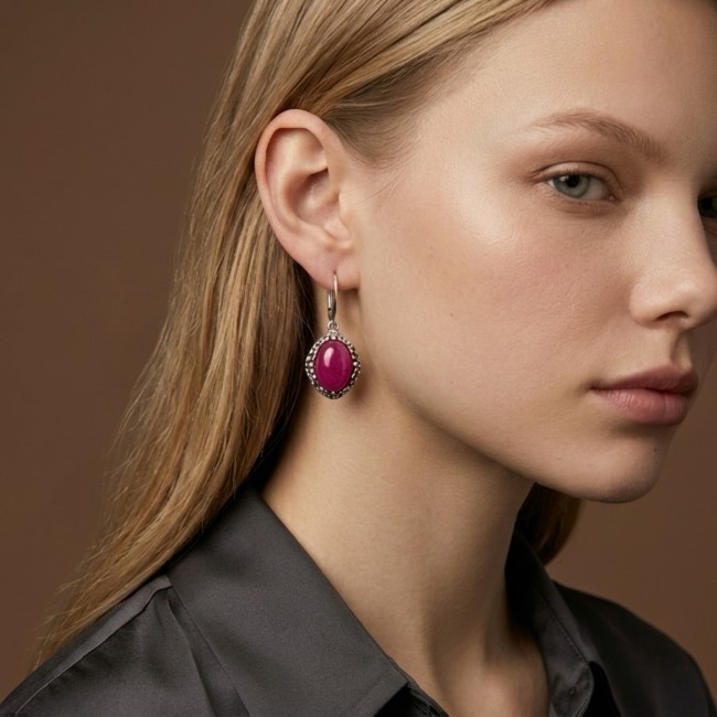 Oxidized sterling silver drop earrings with fuchsia agate K 2169