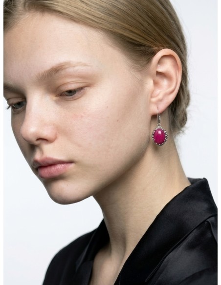 Kolczyki srebrne 925 agat fuksja – wiszące, oksydowane, stylowe K 2169|Polcaratdesign.pl Biżuteria