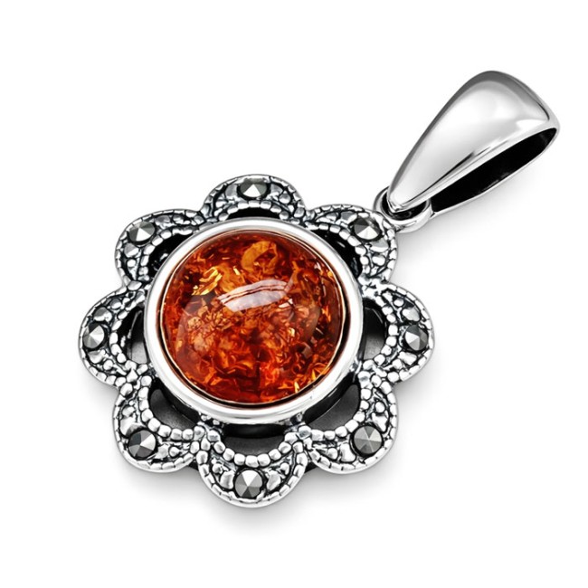 Silver pendant with amber and marcasites WA 036
