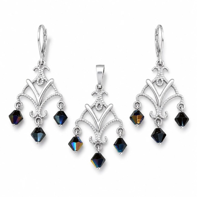 Srebrny komplet Swarovski® Jet AB 925 – wiszące chandeliery z kryształami ✨KPL 963|Polcaratdesign.pl Biżuteria