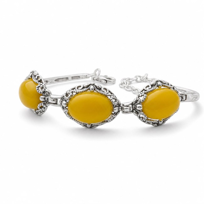 Srebrna bransoletka z żółtym jadeitem – trzy kamienie, srebro 925 L 2169 jadeit