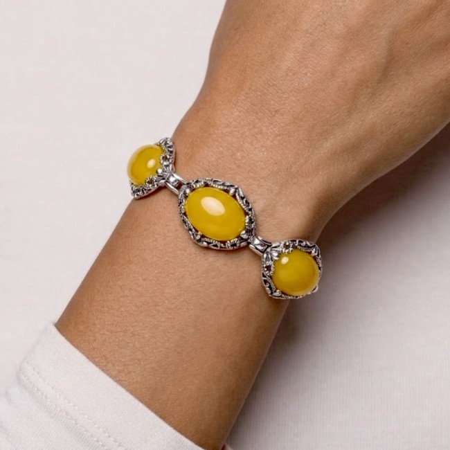 Srebrna bransoletka z żółtym jadeitem – trzy kamienie, srebro 925 L 2169 jadeit|Polcaratdesign.pl Biżuteria