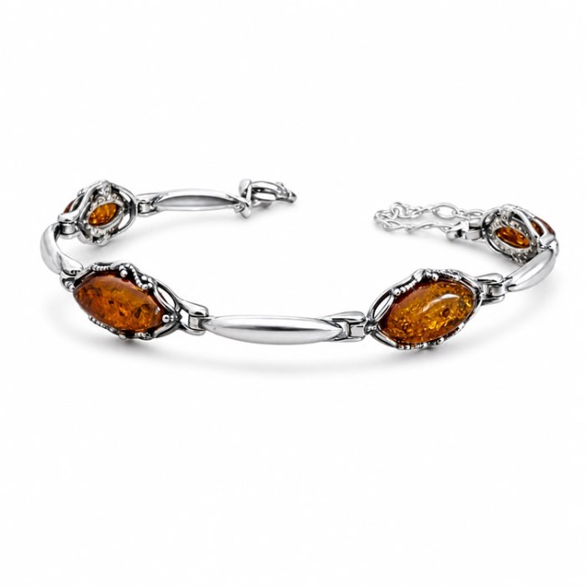 Oxidized sterling silver bracelet with cognac Baltic amber L 2170