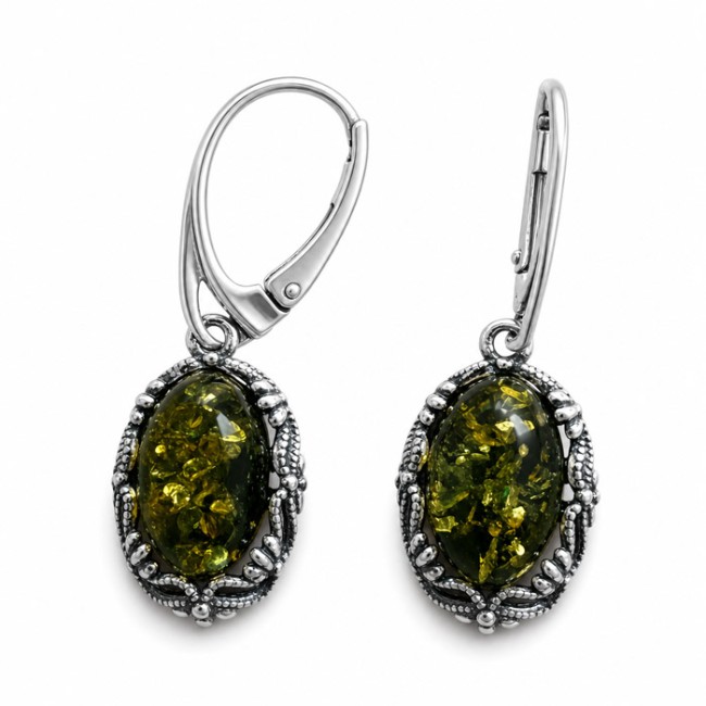 Silver earrings with green amber K 559