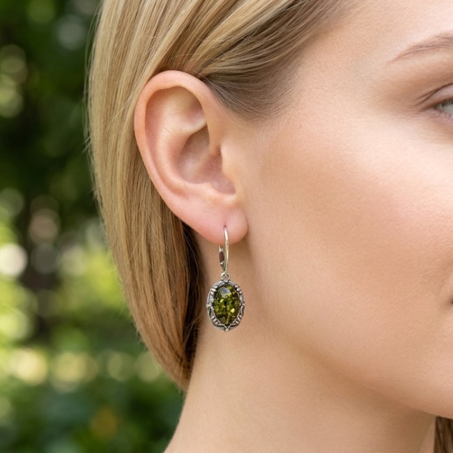 Silver earrings with green amber K 559