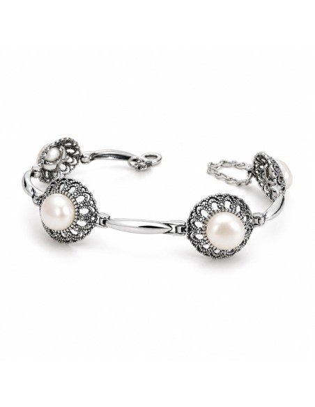 Silver oxidized bracelet with pearls L 1726