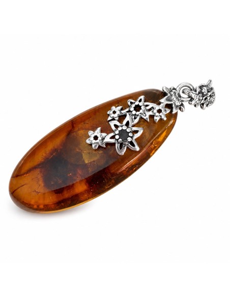 Unique amber pendant wrapped in silver flowers BW 112