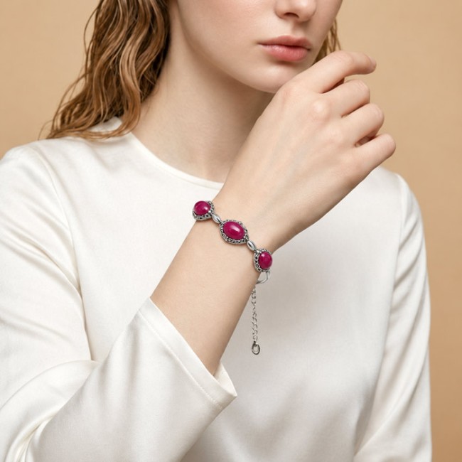 Bransoletka srebrna 925 agat fuksja – ażurowa, oksydowana, elegancka L 2169|Polcaratdesign.pl Biżuteria