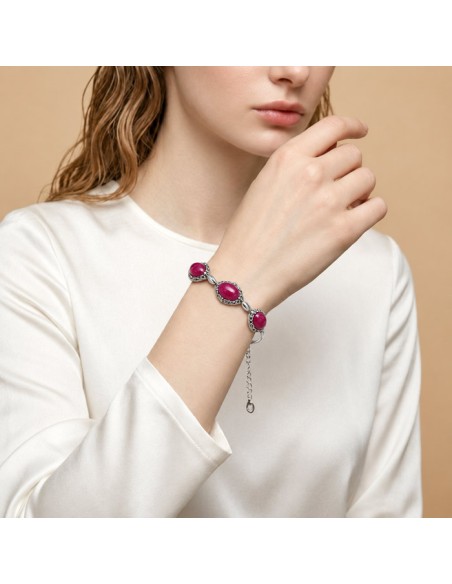 Oxidized openwork sterling silver bracelet with fuchsia agate L 2169