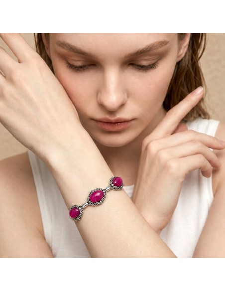 Oxidized openwork sterling silver bracelet with fuchsia agate L 2169