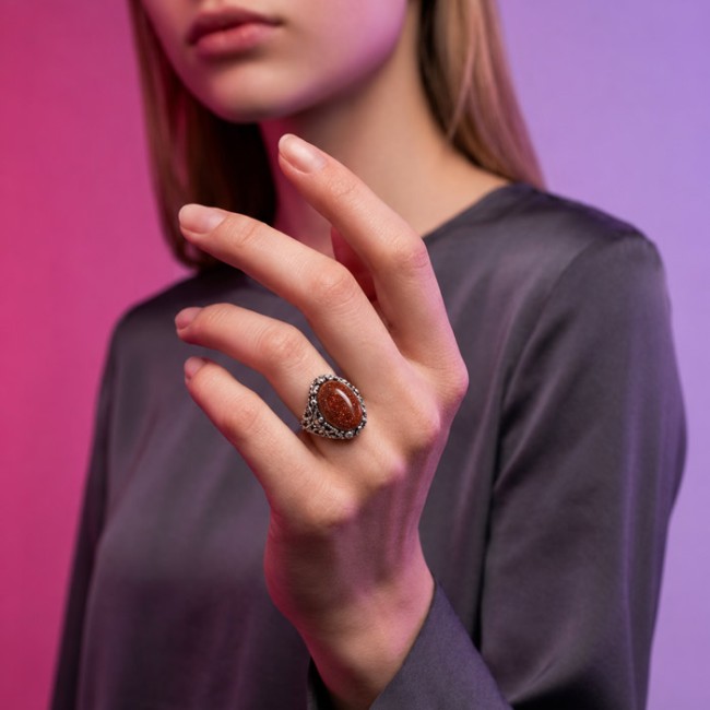 Oxidized sterling silver ring with goldstone PK 2169 | Polcarat Design
