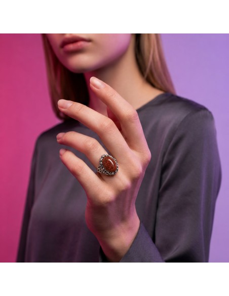Oxidized sterling silver ring with goldstone PK 2169 | Polcarat Design