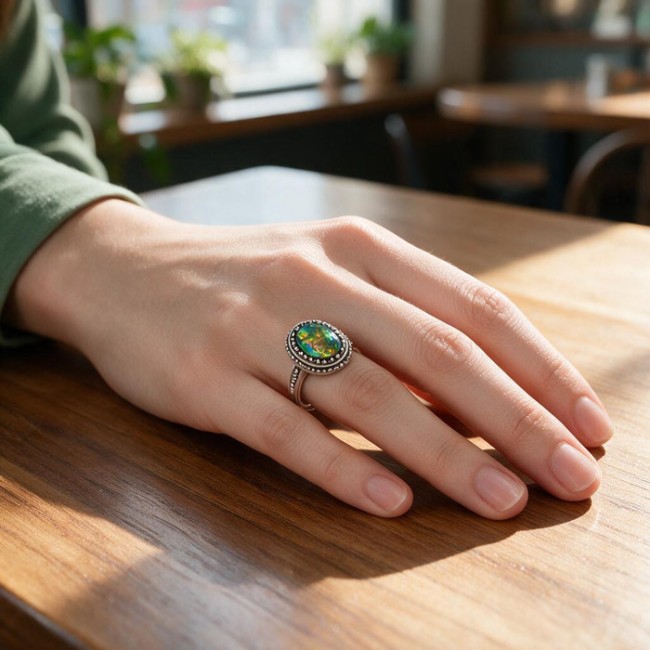 Oxidized sterling silver ring with synthetic blue opal PK 2168