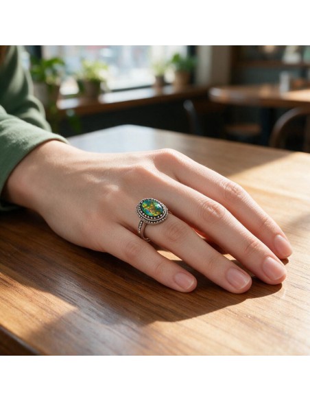 Oxidized sterling silver ring with synthetic blue opal PK 2168