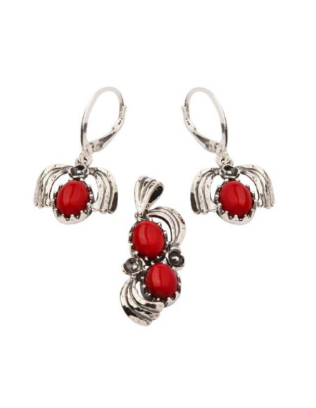 Silver set (earrings + pendant) with corals KPL 958 Coral