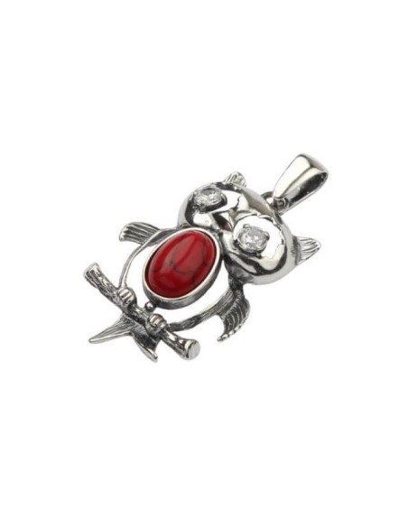Silver pendant with coral and zircons OWL W 1172