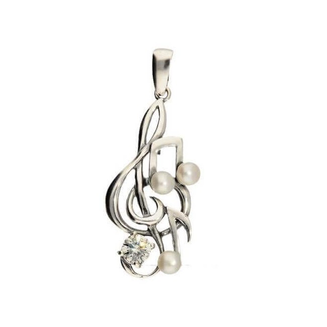 Silver pendant with zirconia and pearls TREBLE CLEF W 1266