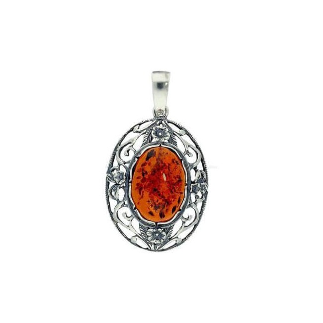 Silver oxidized pendant with amber W 1986 cognac