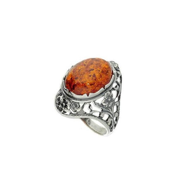 Srebrny oksydowany pierścionek z bursztynem PK 1986 koniak|Polcaratdesign.pl Biżuteria