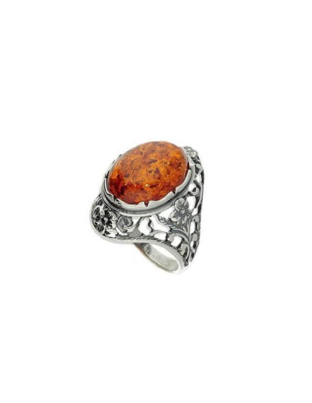 Srebrny oksydowany pierścionek z bursztynem PK 1986 koniak|Polcaratdesign.pl Biżuteria